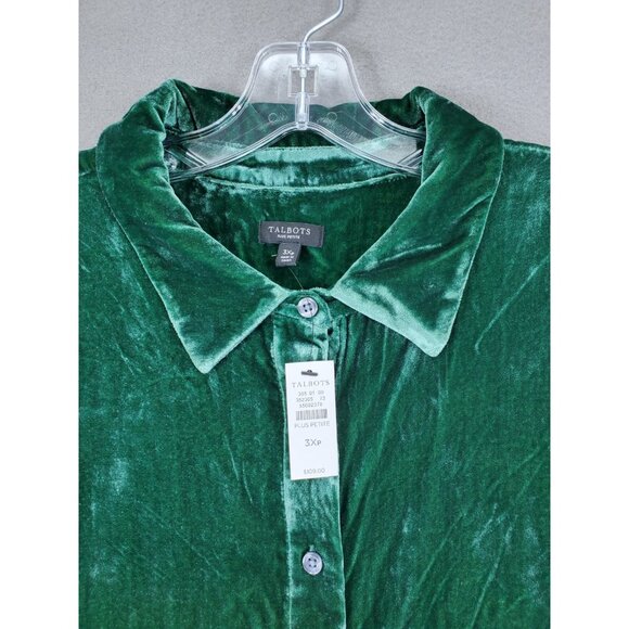 New Talbots Velour Velvet Boyfriend Shirt 3Xp Forest Green Button Up Whimsigoth - Picture 2 of 6
